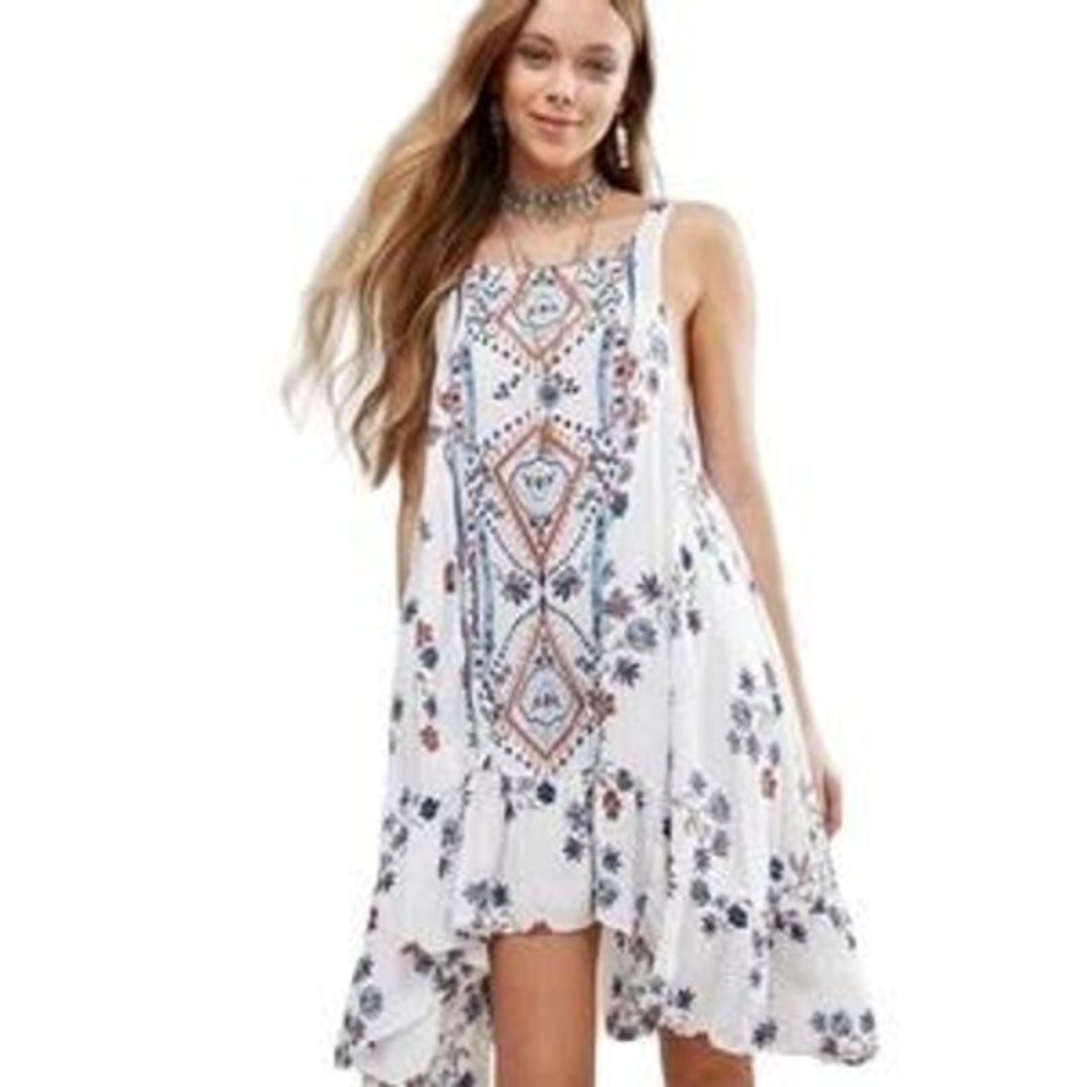 Free People Boho Swing Dress Womens XS TP White Bloomcore Floral Hippie Festival